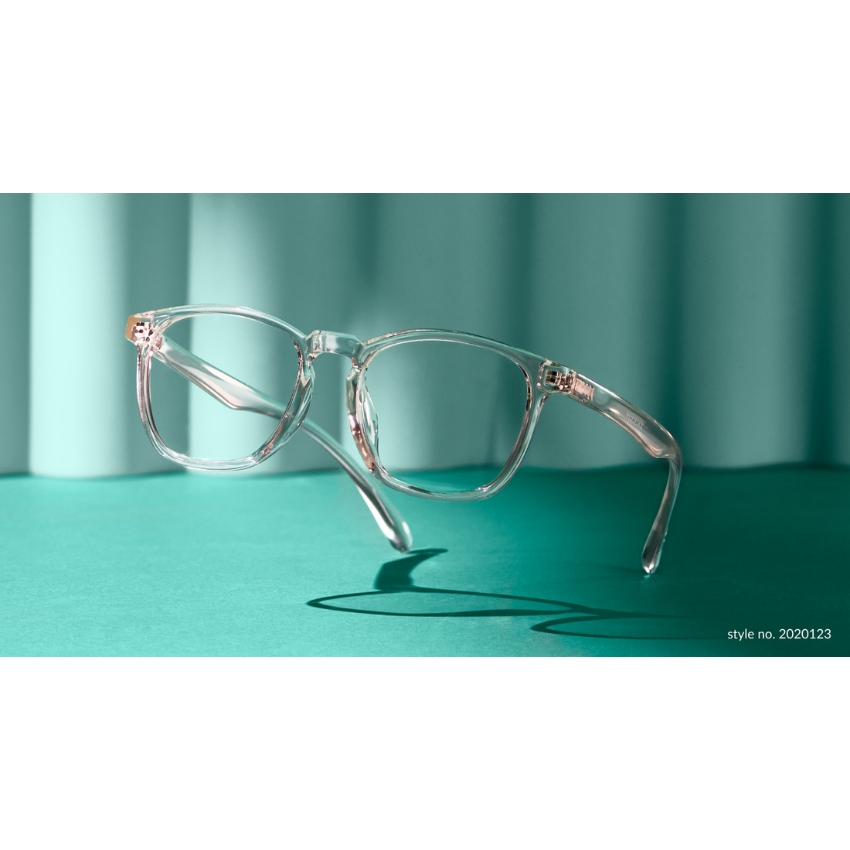 Clear eyeglasses with a turquoise background. Text: "style no. 2020123".