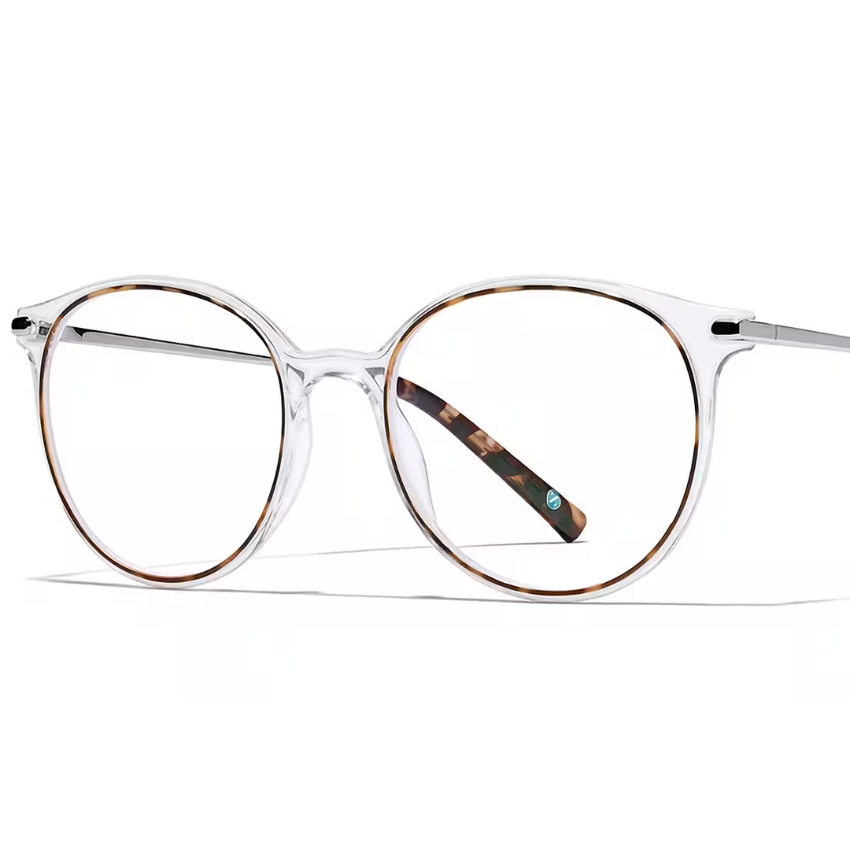 Transparent round eyeglasses with brown-accented rims and tortoiseshell-patterned inner arms.