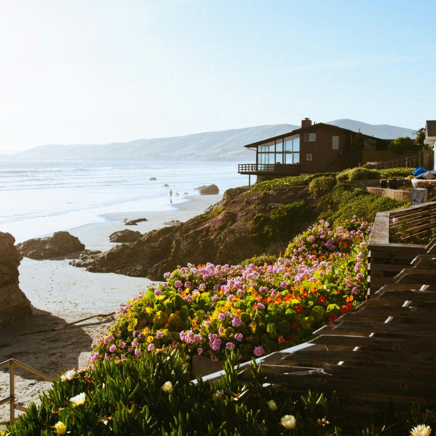 Coastal house on a rocky hill surrounded by colorful flowers, overlooking the beach and ocean.