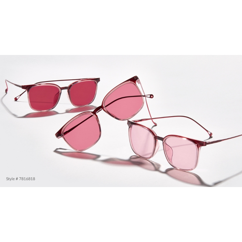 Three pairs of sunglasses with pink frames and lenses. Text reads Style # 7816818.