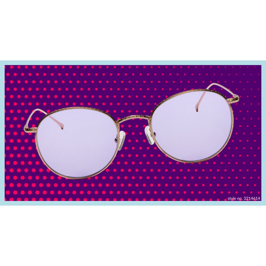 Round eyeglasses with a gold frame and light purple lenses. Style no. 3214614.