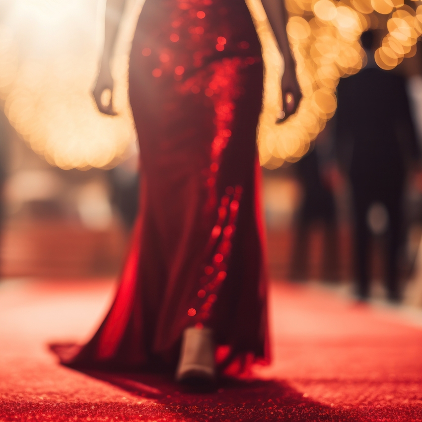 Person wearing a sparkling red gown walking on a red carpet.