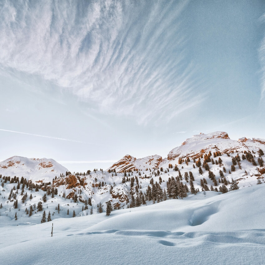 Snow-covered mountains with pine trees under a clear sky with wispy clouds.