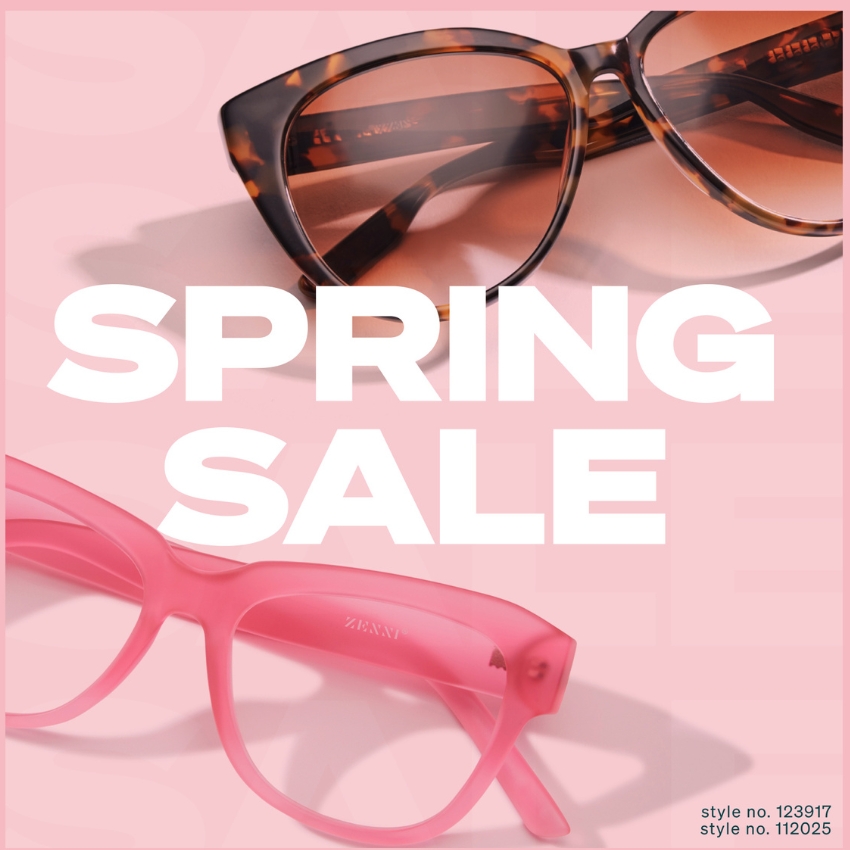 SPRING SALE with image of tortoiseshell and pink Zenni eyeglasses. Style no. 123917, style no. 112025.