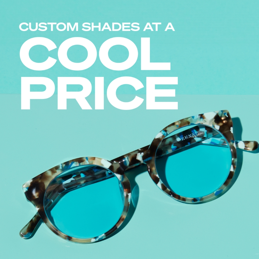 Custom shades at a cool price. Blue-lensed sunglasses with patterned frames.