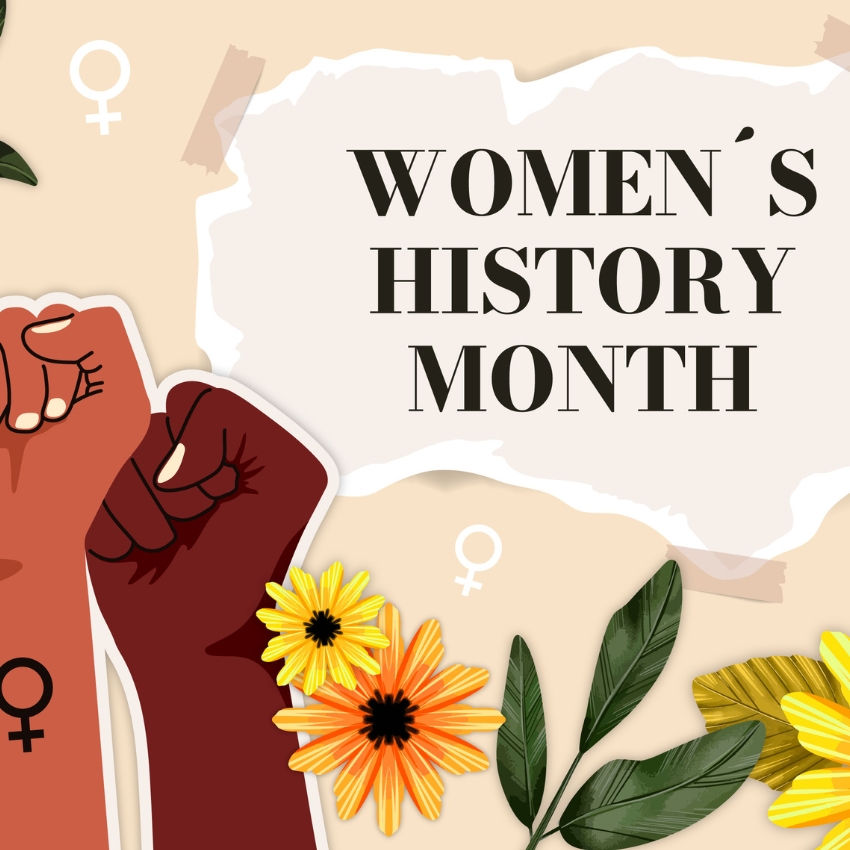 Women's History Month with raised fists, yellow flowers, and gender symbols