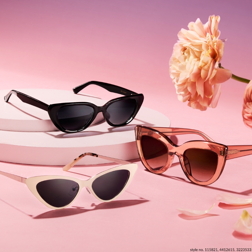 Three pairs of cat-eye sunglasses in black, blush pink, and transparent pink. style no. 115821, 4412615, 3223533