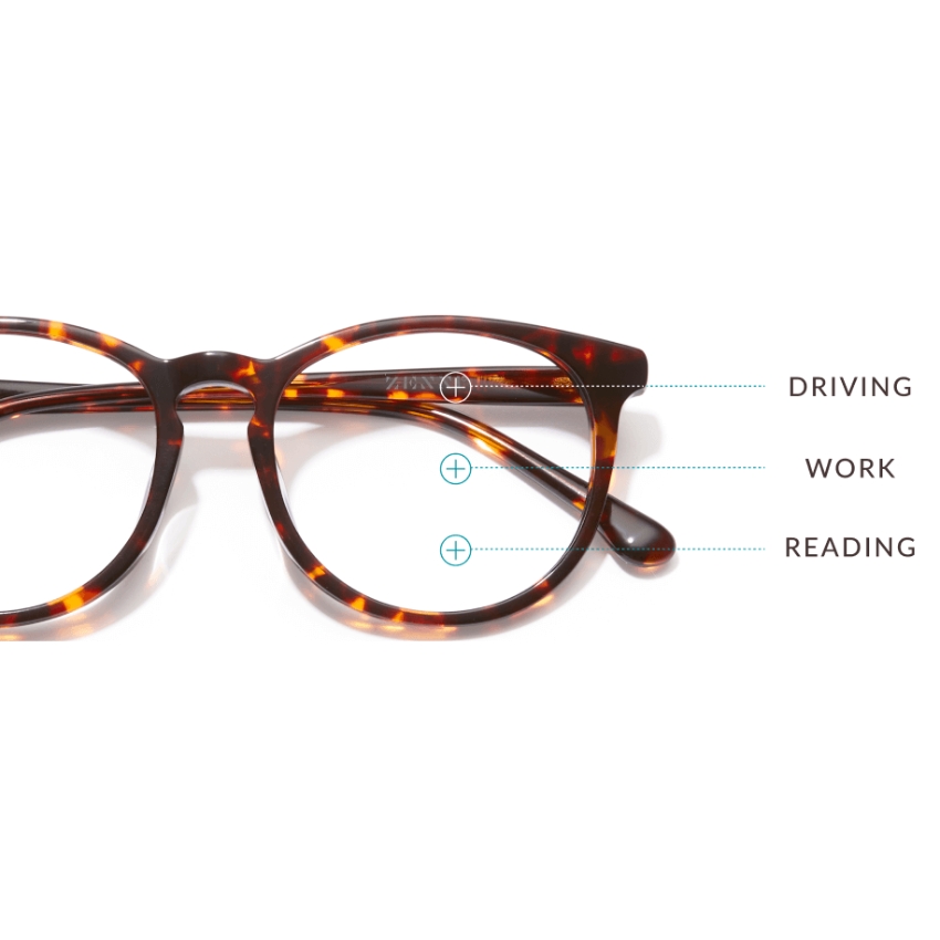 Tortoiseshell glasses with labels identifying lens zones for driving, work, and reading.