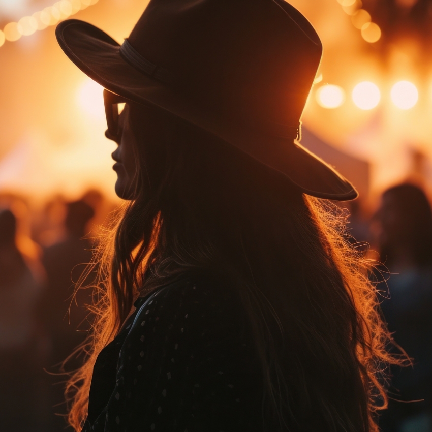 Woman in a wide-brimmed hat with long hair silhouetted by warm, soft lighting.