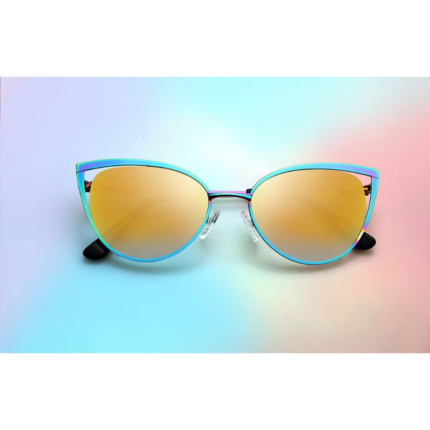 Cat-eye sunglasses with reflective golden lenses and vibrant teal and pink frames.