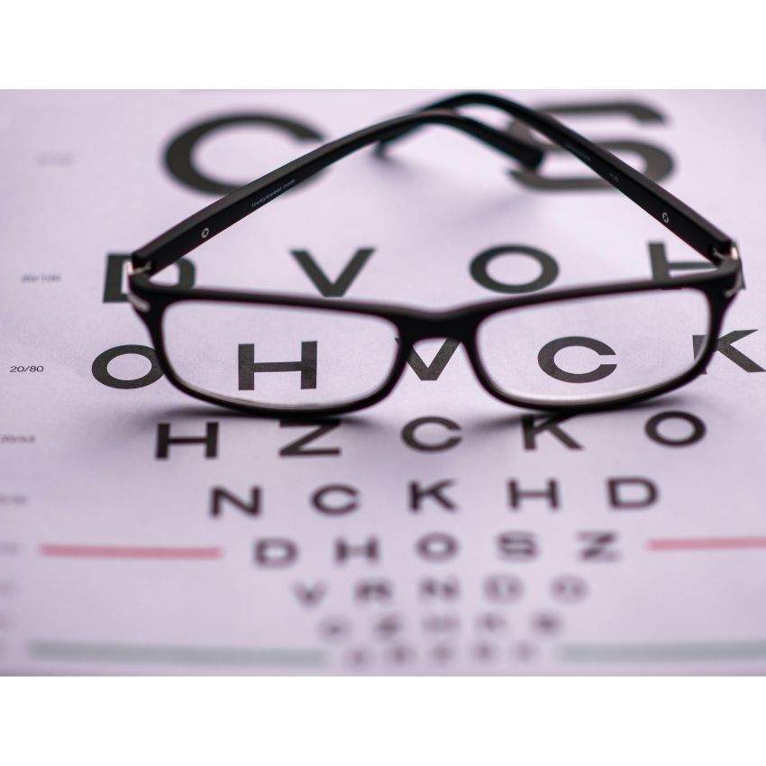 Black-rimmed eyeglasses on top of an eye chart with letters: C, D, V, O, H, V, C, K, H, Z, C, K, O, N, C, K, H, D.