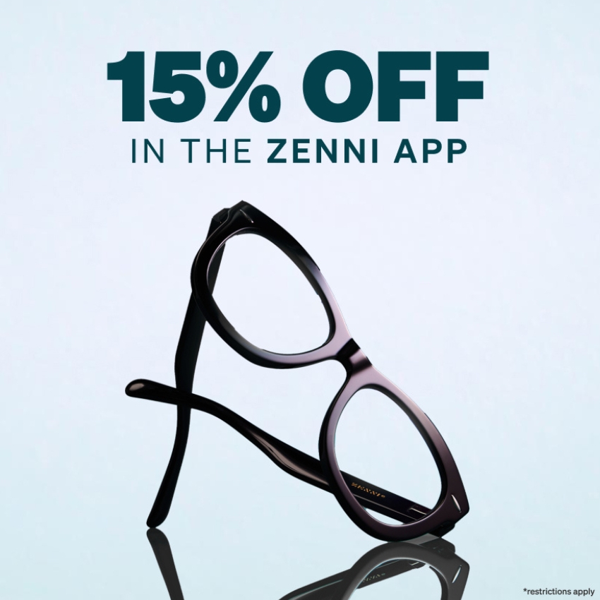 15% OFF IN THE ZENNI APP. Black eyeglasses with cat-eye frames. *restrictions apply