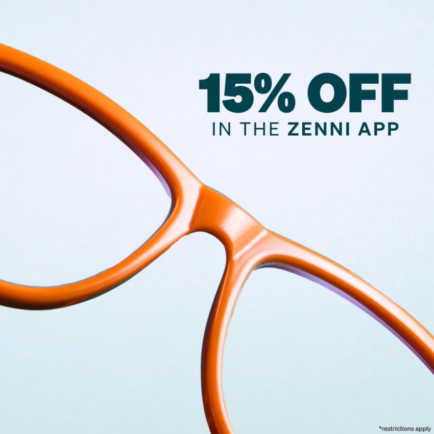 15% OFF IN THE ZENNI APP *restrictions apply. Orange glasses frame close-up.