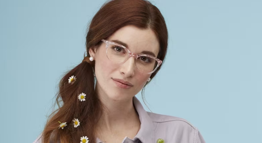 Woman wearing pink marble square frames