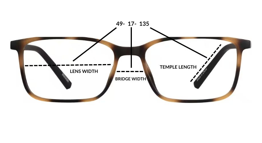 Pair of glasses with measurements labeled