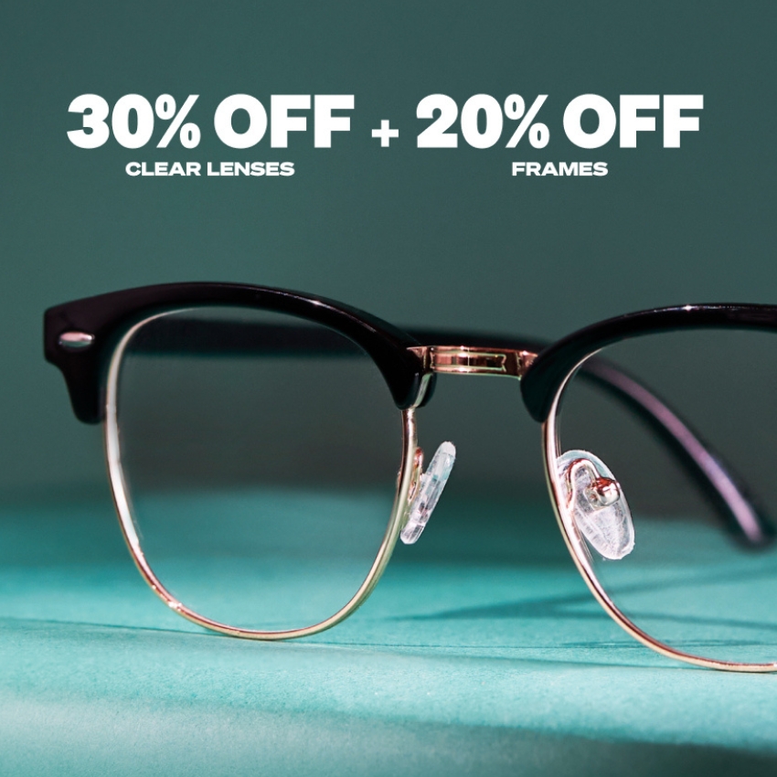 30% OFF CLEAR LENSES + 20% OFF FRAMES, black and gold eyeglasses on a teal surface.