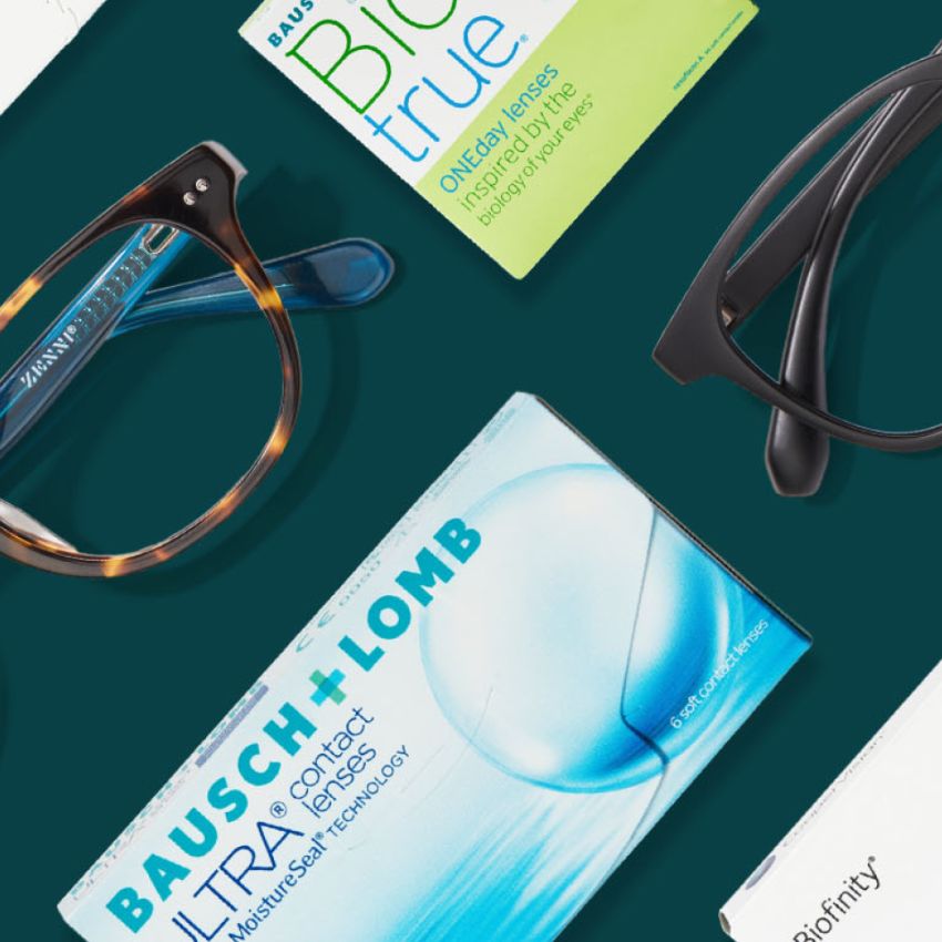 Bausch + Lomb contact lenses, Biotrue ONEday lenses, two pairs of glasses.