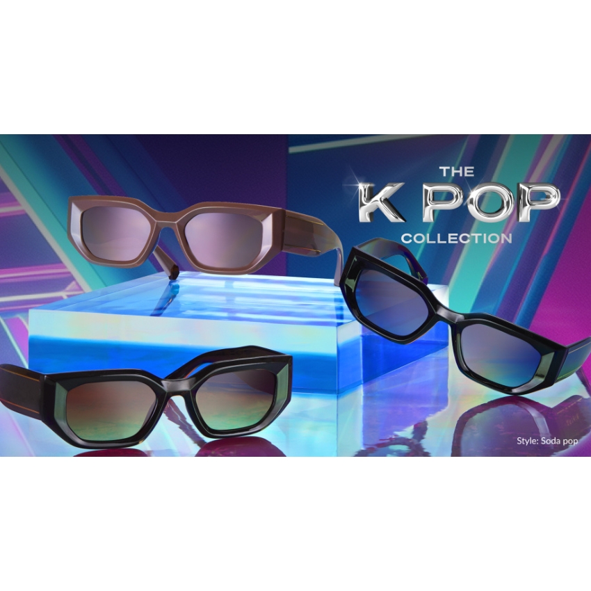 K-Pop Collection sunglasses, style: Soda Pop. Three pairs with thick colorful frames and reflective lenses.