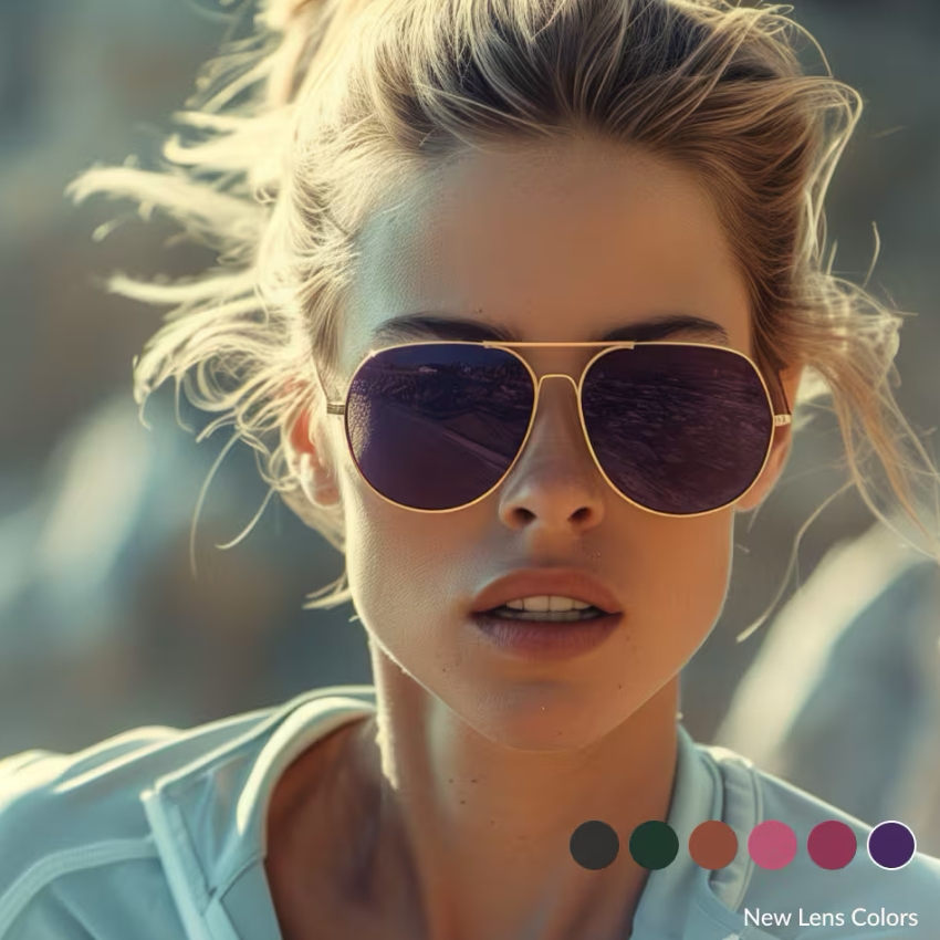 Woman wearing aviator sunglasses with purple lenses. New Lens Colors displayed: black, green, pink, red, purple.