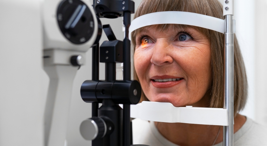 Woman getting eyes examined at slit lamp