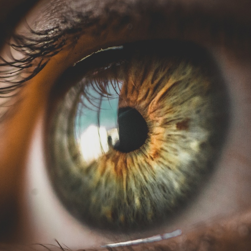 Close-up of a greenish-brown human eye with detailed patterns and reflections in the iris.