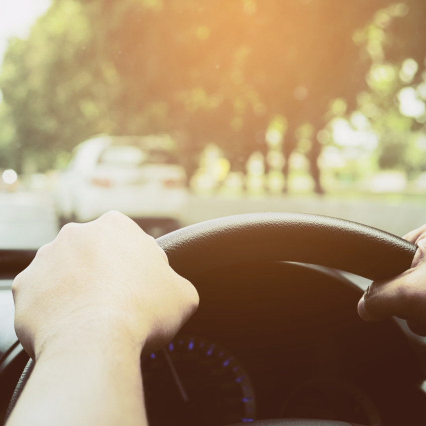 Hands on a steering wheel, driving down a tree-lined road with sunlight lens flare.