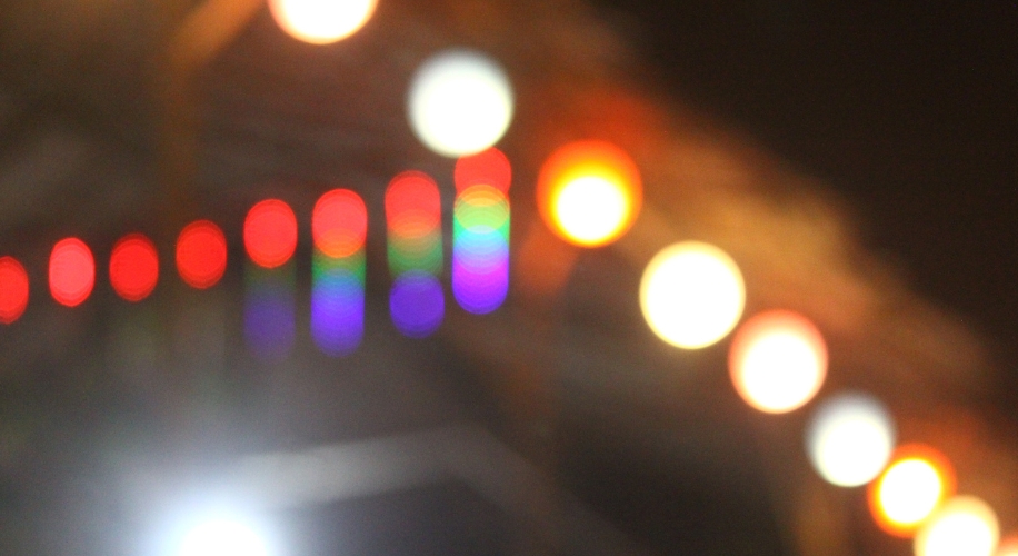 Colorful lights out of focus in a cafe at night