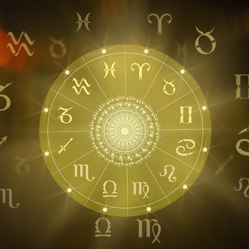 Zodiac wheel with signs for Aries, Taurus, Gemini, Cancer, Leo, Virgo, Libra, Scorpio, Sagittarius, Capricorn, Aquarius, Pisces.