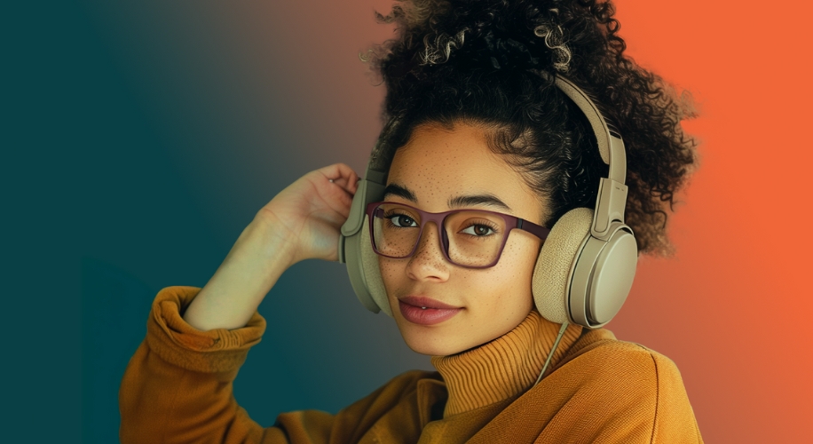 Woman wearing large beige headphones and purple glasses with a neutral expression.