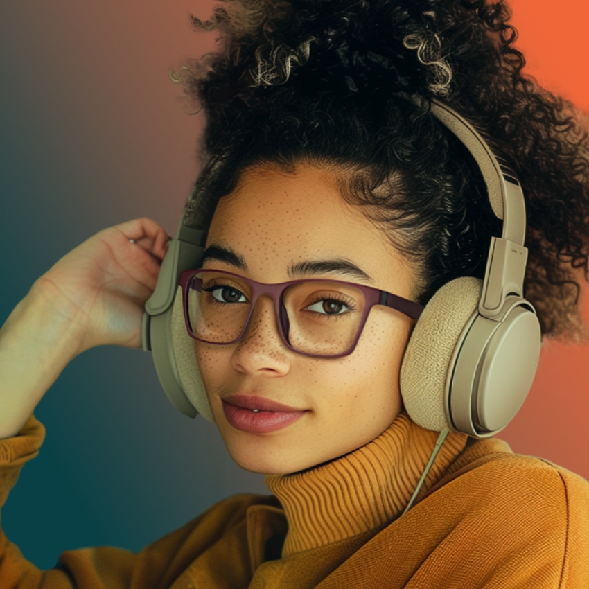 Person wearing noise-cancelling over-ear headphones in beige and stylish eyeglasses.