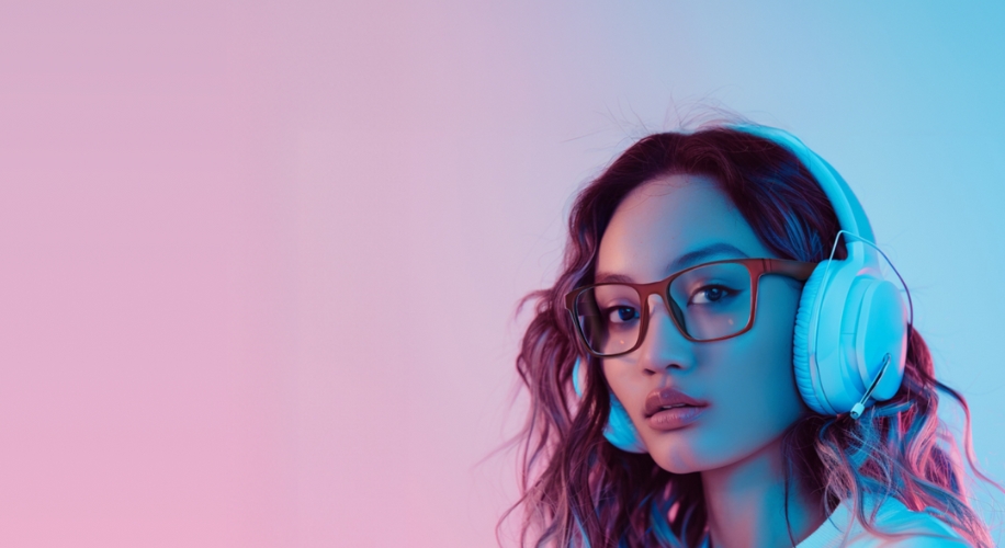 Woman wears large white over-ear headphones and glasses with soft pink and blue lighting.