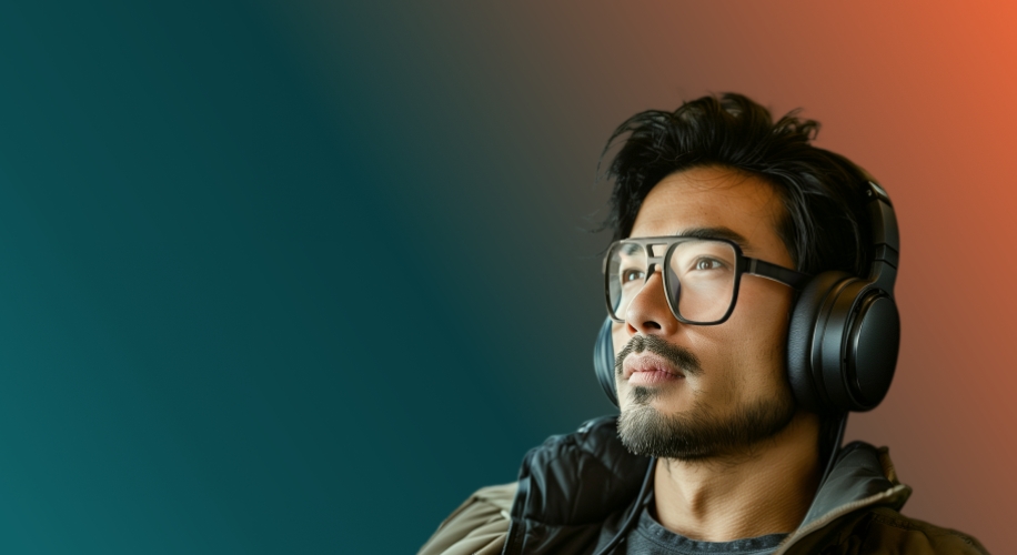 Man wearing large over-ear headphones and clear eyeglasses, looking ahead.