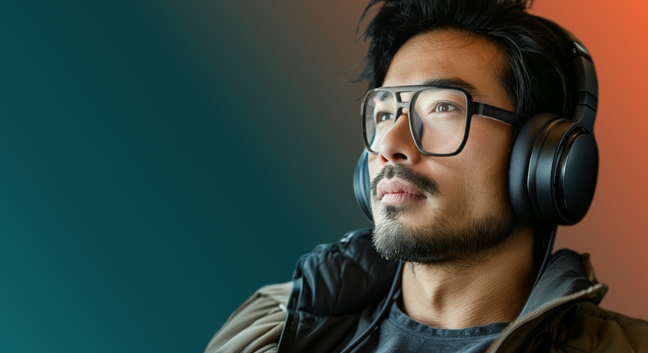 Man wearing sleek black over-ear headphones and black-rimmed glasses.