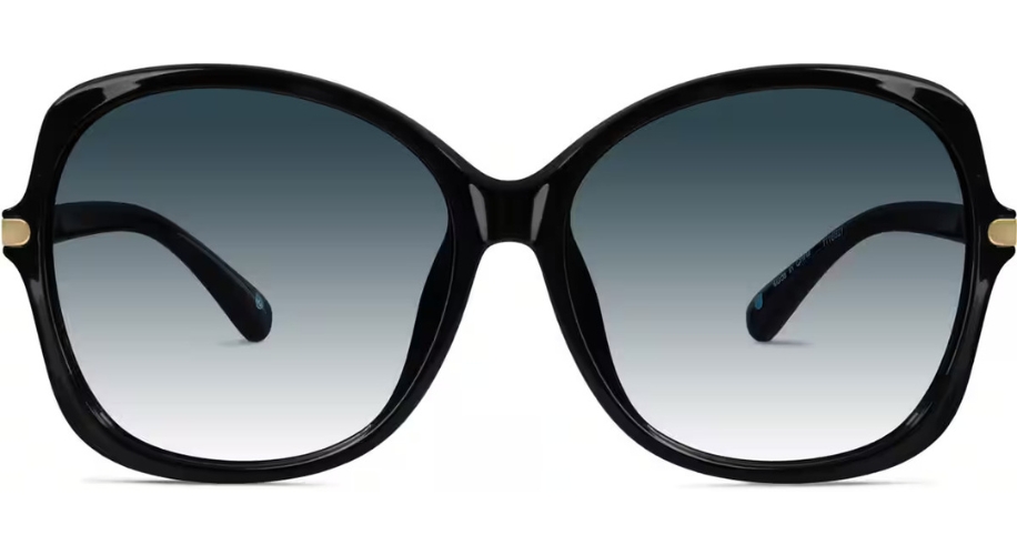 Black oversized sunglasses with gradient lenses, featuring gold accents on the temples.