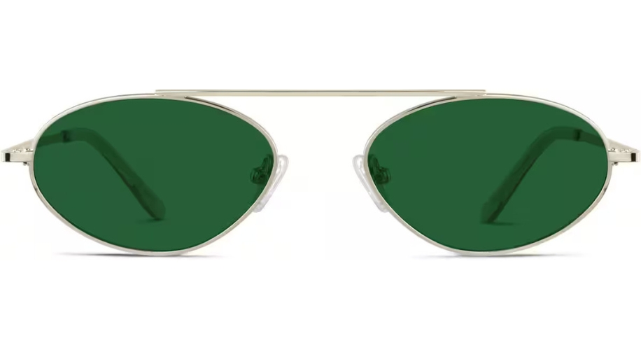 Oval sunglasses with thin, gold metal frame, green lenses, and a straight top bar.