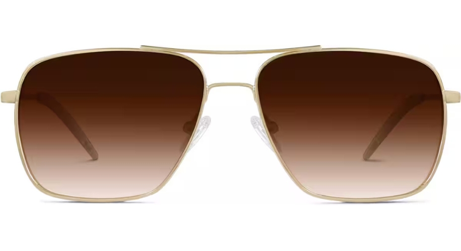 Gold-framed aviator sunglasses with gradient brown lenses and a double bridge.