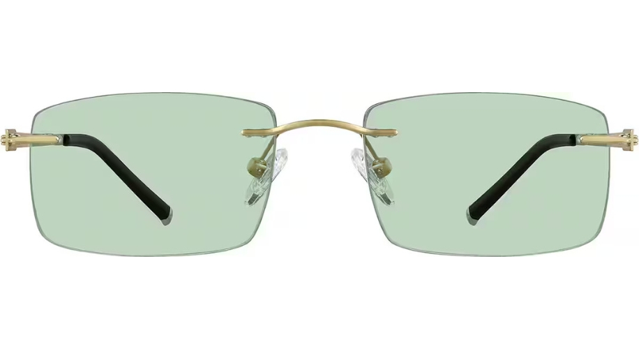 Rectangular glasses with gold rimless frame, green tinted lenses, and black temple arms.