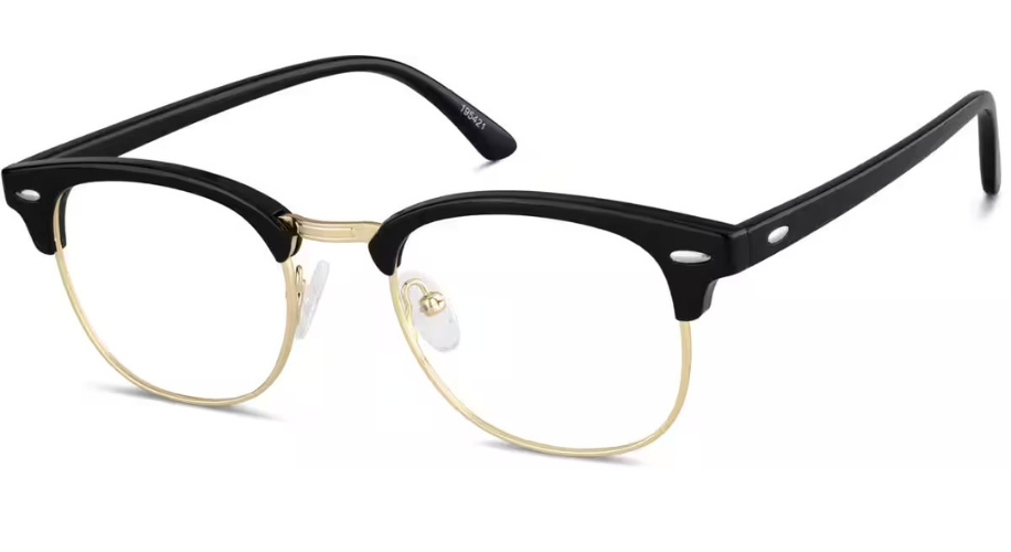 Black and gold browline eyeglasses with black plastic arms and adjustable nose pads.