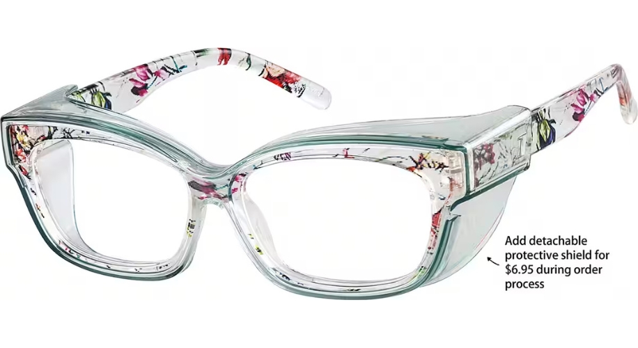 Clear floral-patterned eyeglasses. Text: &quot;Add detachable protective shield for $6.95 during order process.&quot;