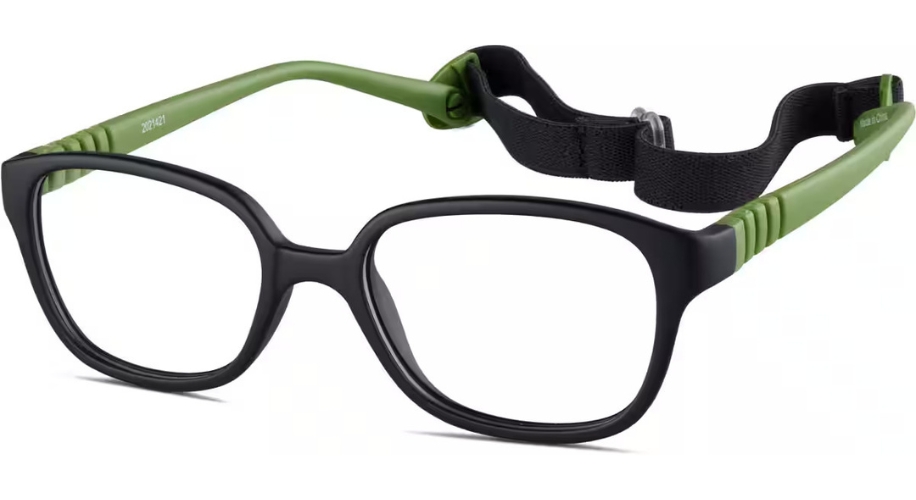 Black and green eyeglasses with an adjustable black strap, model number 2021421 on the left temple.