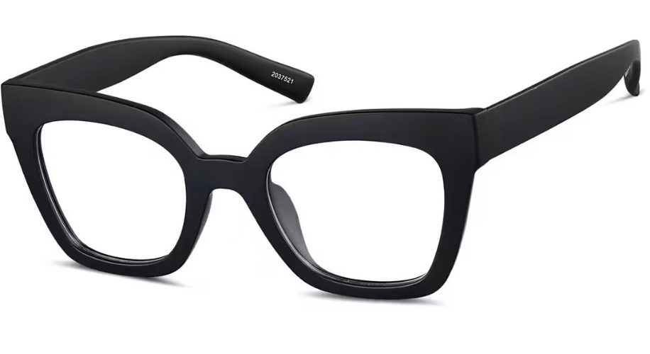 Black square eyeglasses with thick frames, model number 2037521 on the inside of the left arm.