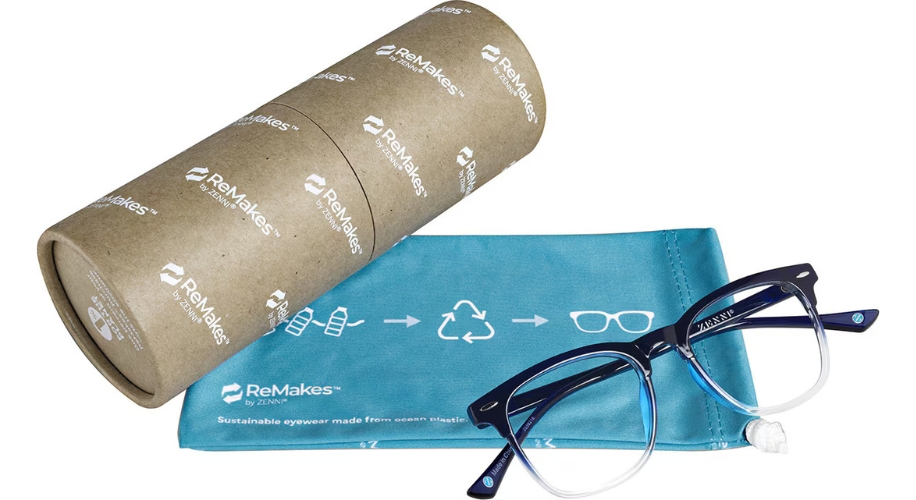 ReMakes by Zenni eyeglasses, blue cleaning cloth, cardboard case. &quot;Sustainable eyewear made from ocean plastics.&quot;