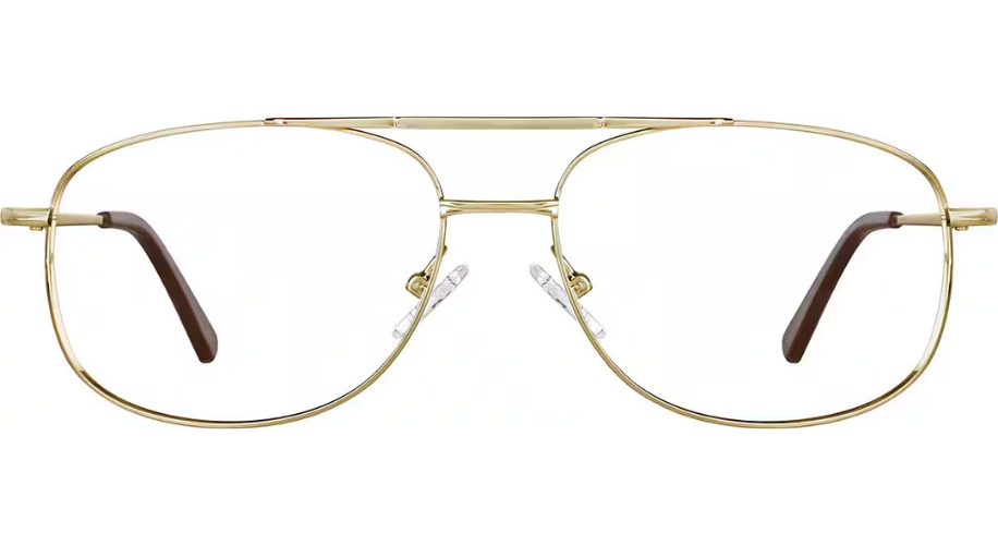 Gold metal aviator eyeglass frames with clear nose pads and brown ear tips.