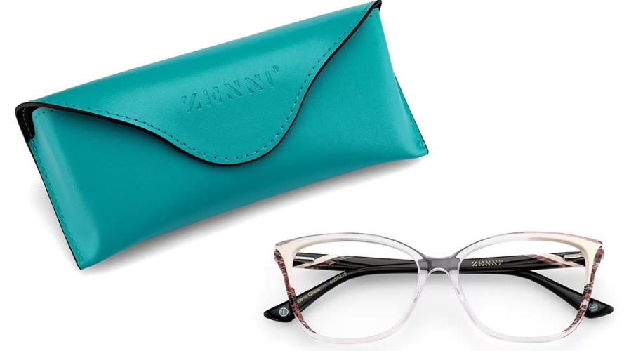 ZANZAN eyeglasses with a teal carrying case.