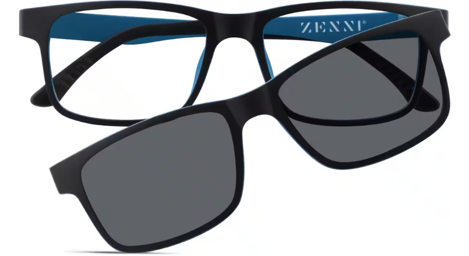 Black eyeglasses with magnetic clip-on sunglasses, &quot;ZENNI&quot; written on the inner temple.