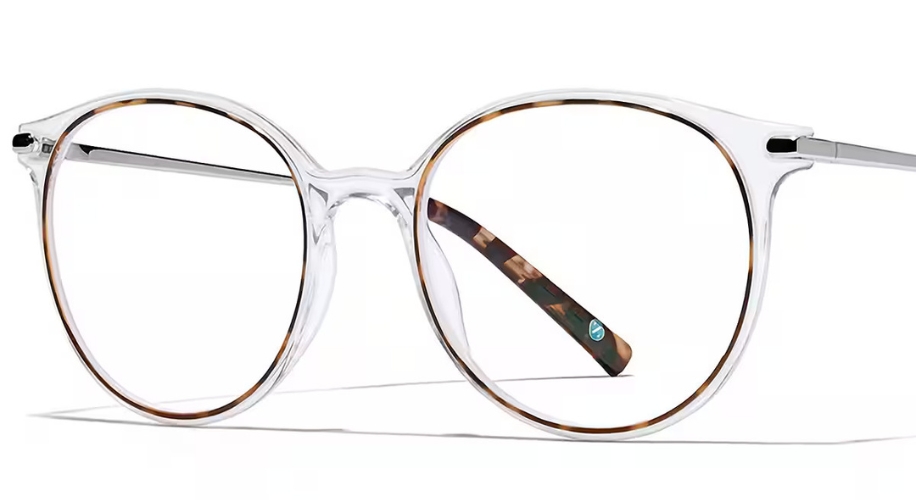 Clear round eyeglasses with tortoiseshell accents and thin metallic arms.