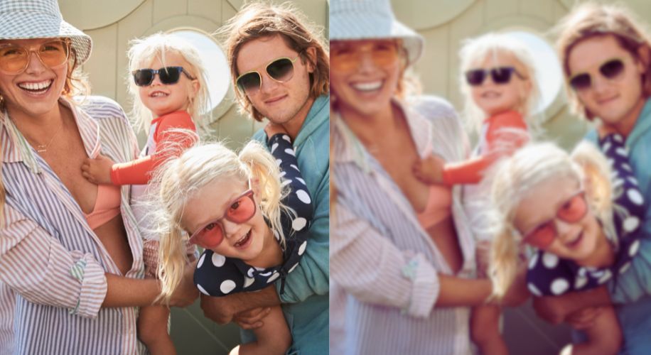 Smiling family wearing sunglasses and summer clothing while holding young children in playful poses.