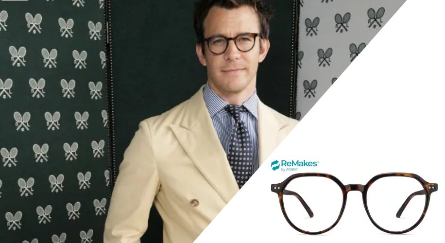 ReMakes by Zenni eyeglasses with tortoiseshell frames positioned next to a man in a beige blazer.