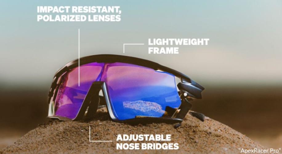 Impact resistant, polarized lenses sunglasses featuring a lightweight frame and adjustable nose bridges. &quot;ApexRacer Pro&quot;