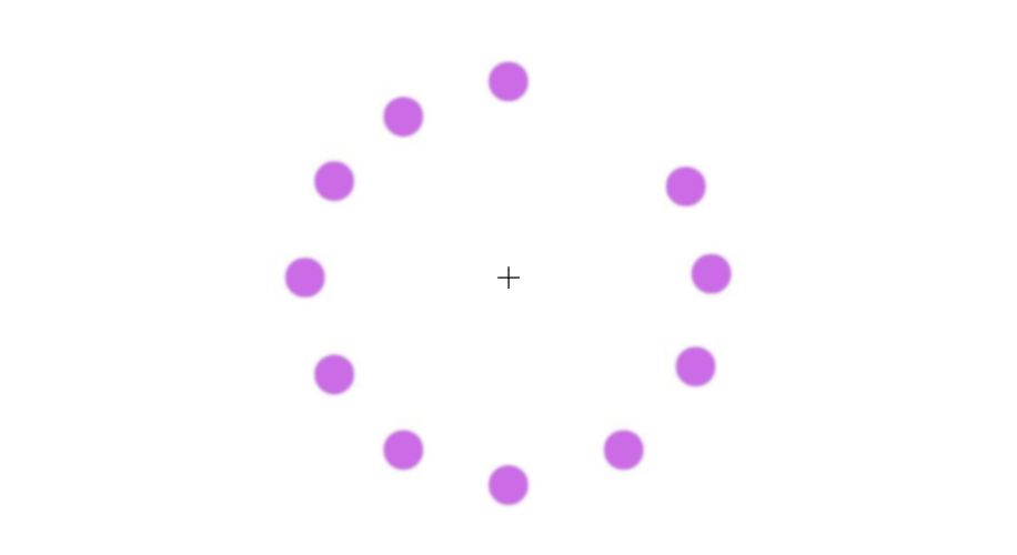 Purple dots arranged in a circular pattern with a small cross in the center on a white background.